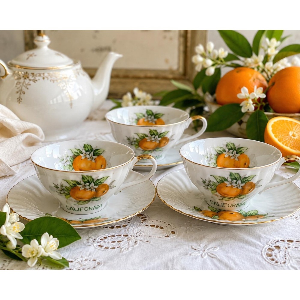 VTG SET of 3 'California' E W Princess Tea Cups Saucer Hand Painted Oranges Gold
